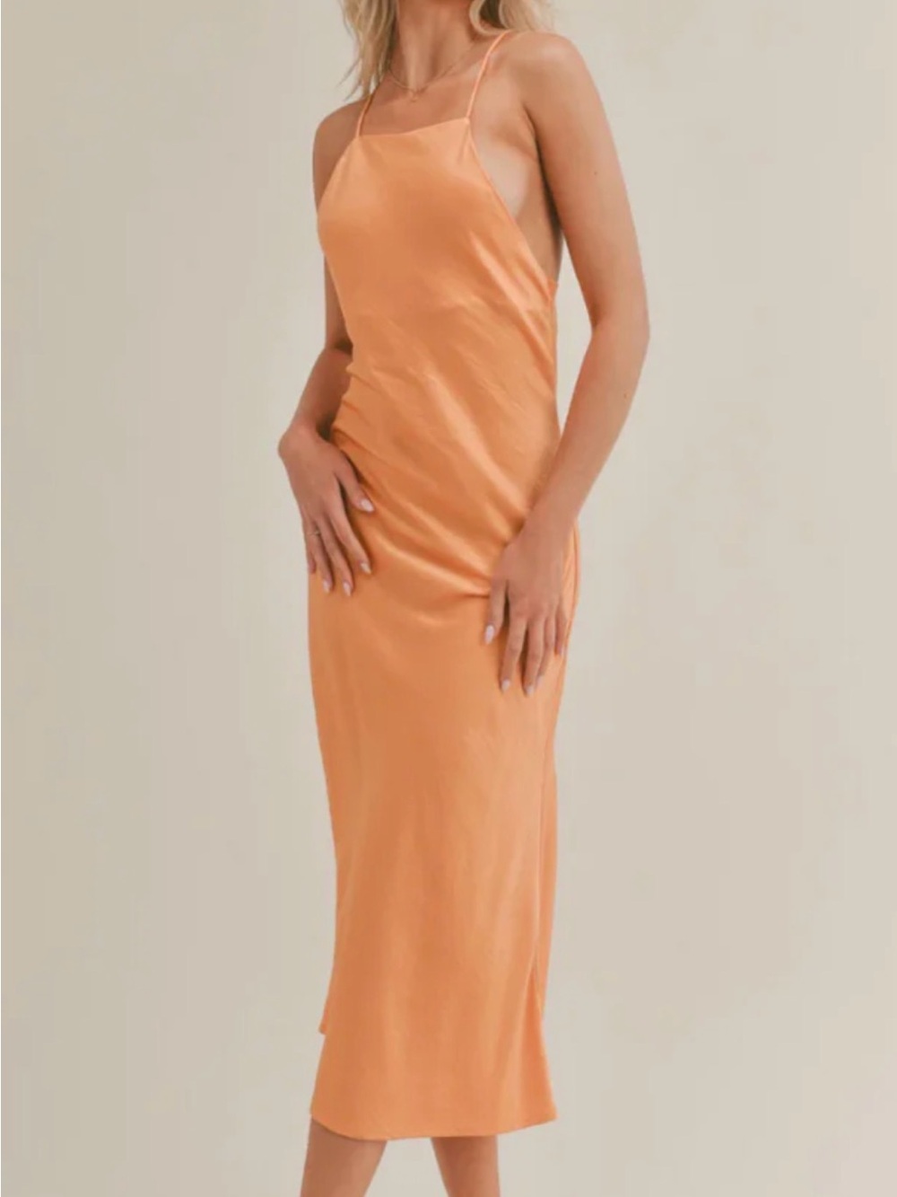 Sage the Label orange satin cowl back midi dress